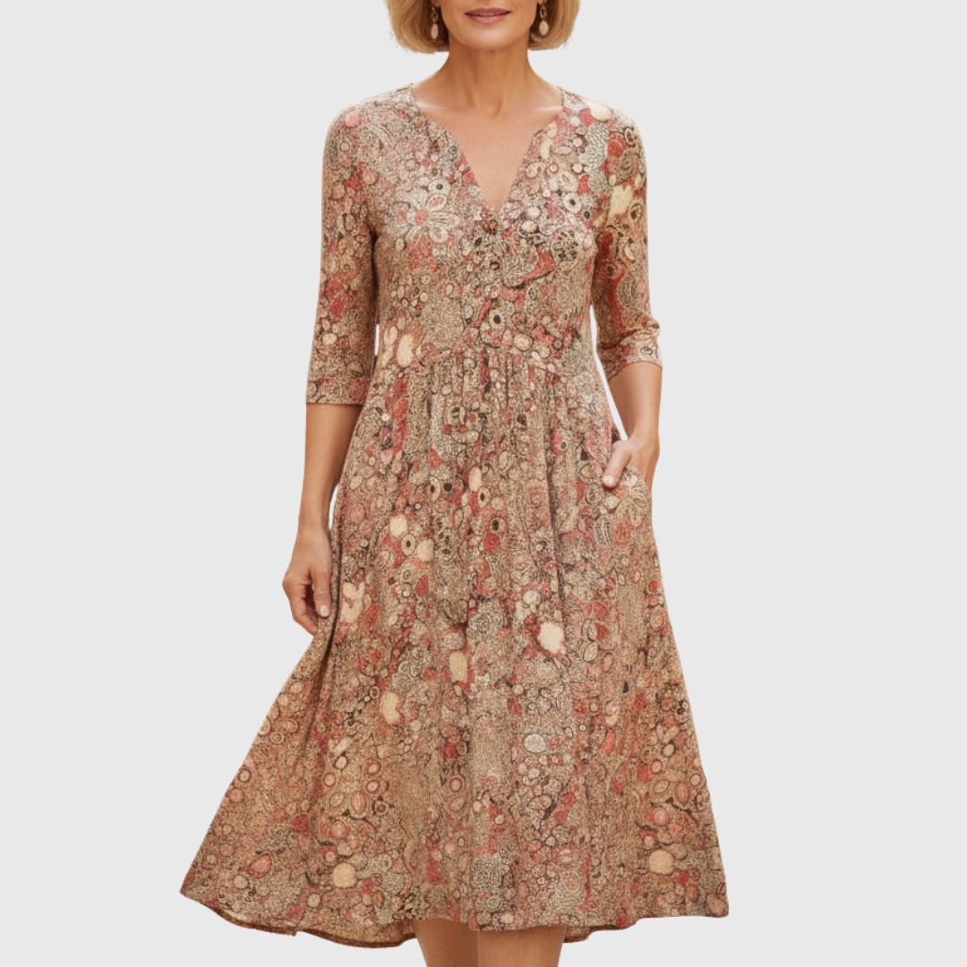 Elegantes Damen Midikleid mit V-Ausschnitt in Beige, perfekt für Abend und Freizeit. Stilvoll & komfortabel.
