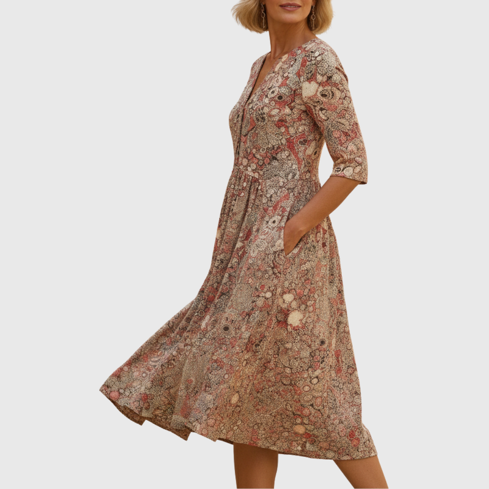 Beiges Damen Midikleid mit elegantem V-Ausschnitt, ideal als Sommerkleid oder Freizeitkleid. Modisch & bequem.