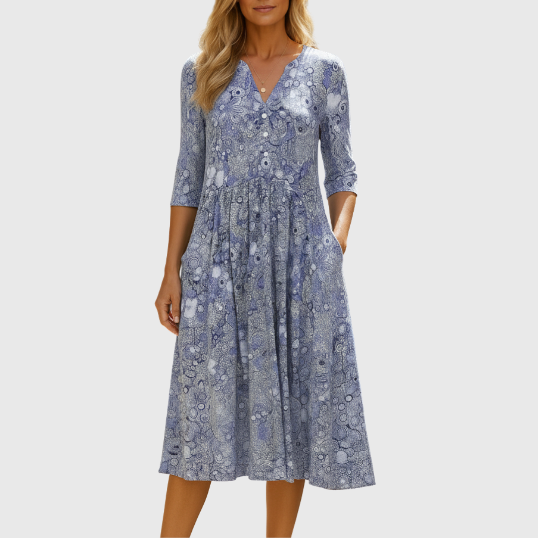 Blaues elegantes Damen V-Ausschnitt Midikleid für vielseitige Anlässe. Komfortables Sommer- & Abendkleid.
