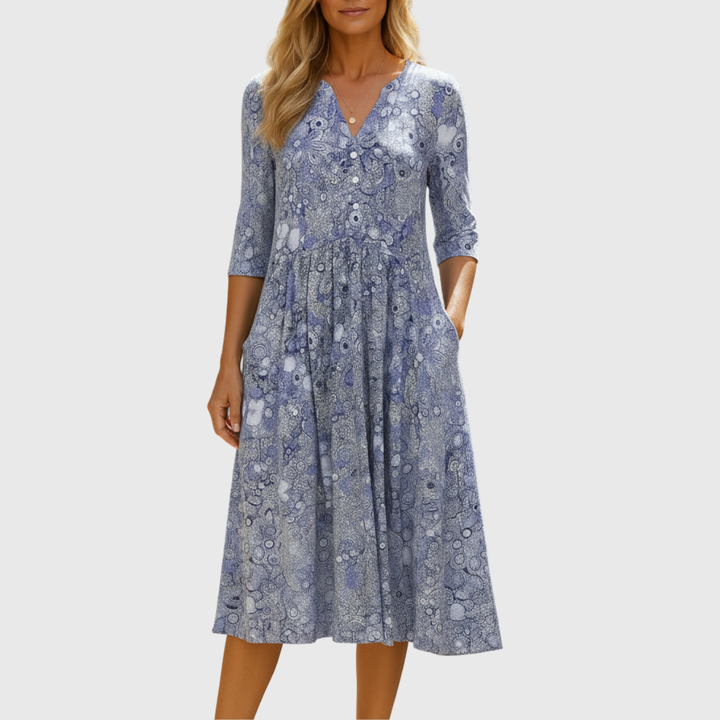 Blaues elegantes Damen V-Ausschnitt Midikleid für vielseitige Anlässe. Komfortables Sommer- & Abendkleid.
