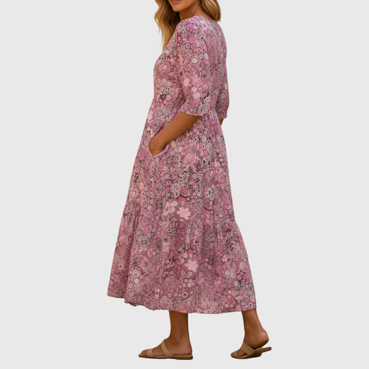 Vielseitiges Damen Midikleid mit V-Ausschnitt, komfortabel für Freizeit, Sommer & elegante Anlässe. Modisch.