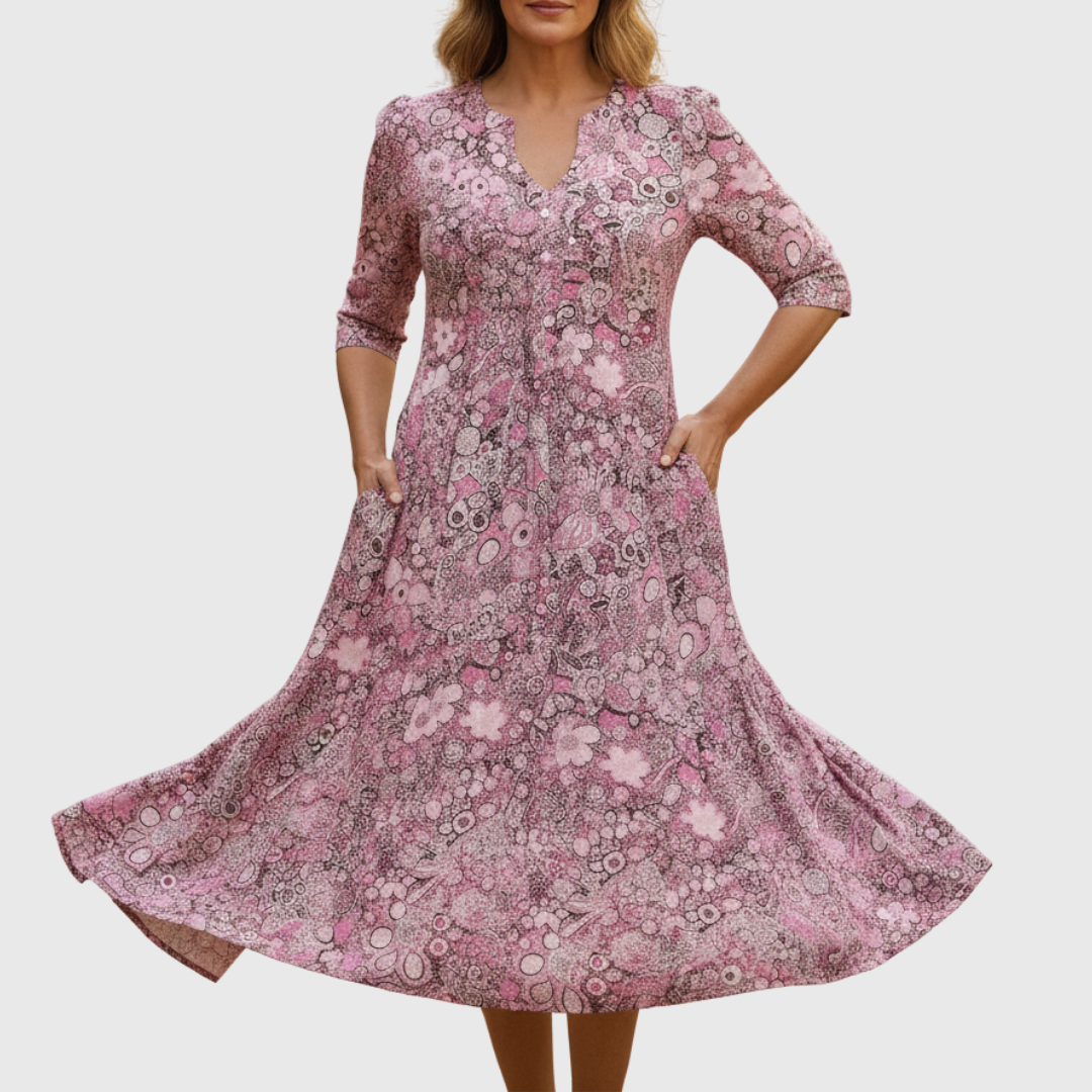 Modisches Damen Midikleid mit V-Ausschnitt, elegantes Design für Sommer und Abend. Komfortables Freizeitkleid.