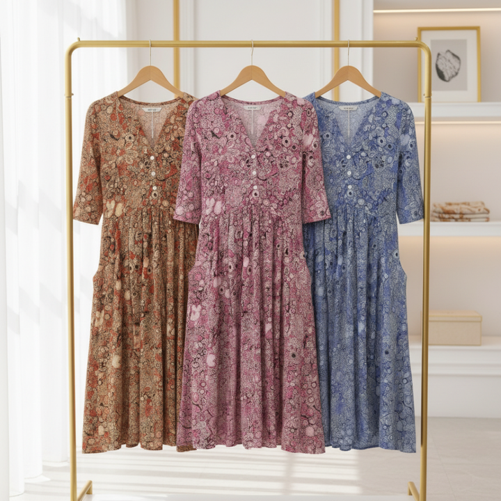 Schmeichelndes Damen Midikleid mit V-Ausschnitt, ideal als stilvolles Sommerkleid oder Abendkleid. Komfortabel.
