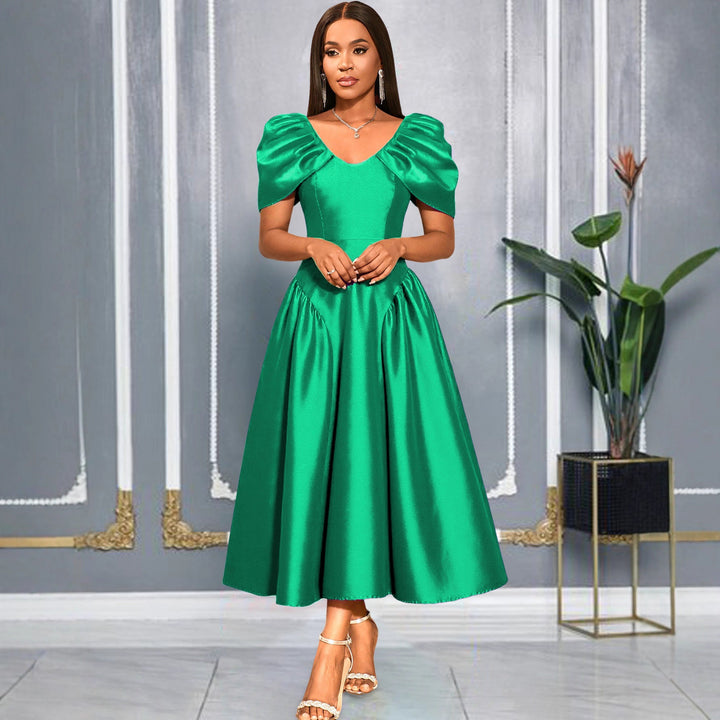 Festliches Abendkleid für Damen, elegantes Midikleid mit V-Ausschnitt und Puffärmeln für besondere Anlässe.