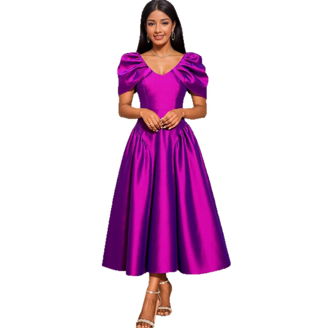 Modernes Damen Midikleid, elegant mit voluminösen Puffärmeln, V-Ausschnitt und Rock, ideal für Partys.