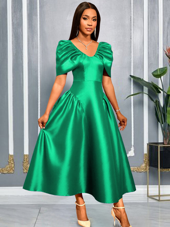 Damen Midikleid elegant, mit Puffärmeln, V-Ausschnitt und schwingendem Rock, festlich für Frauenmode.