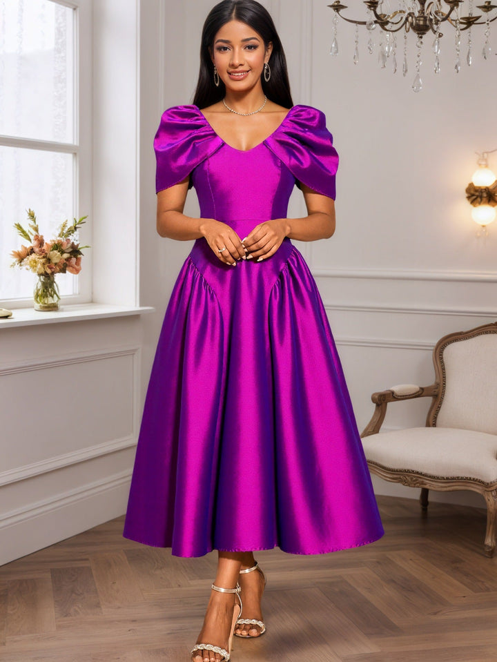 Elegantes Abendkleid Damen, Midilänge, mit V-Ausschnitt und Puffärmeln, perfekt für festliche Abende.