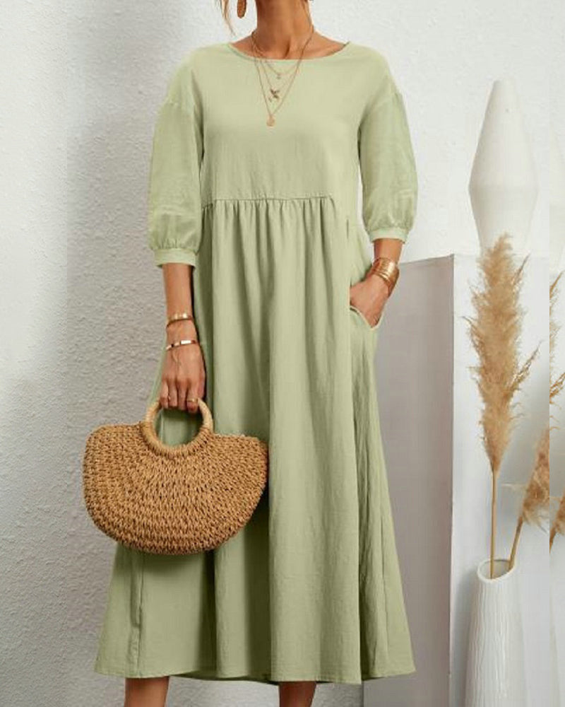 Damen Midikleid Selina mit Laternenärmeln, perfekt für stilvolle Herbst-Looks und gemütliche Tage.