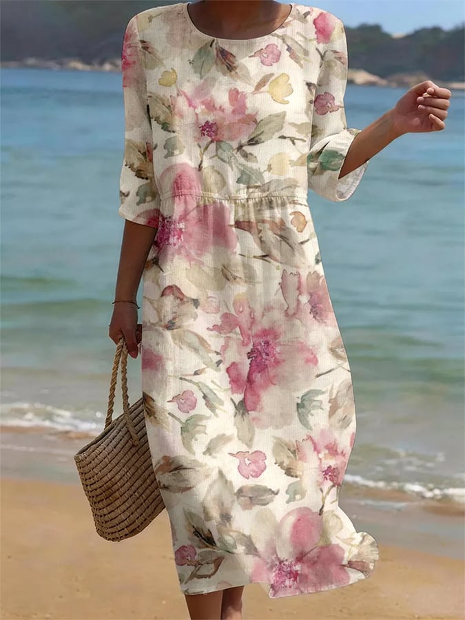 Elegantes Damen Musterkleid mit stilvollem Blumenmuster. Vielseitiges Sommer- und Festkleid für jeden Anlass.