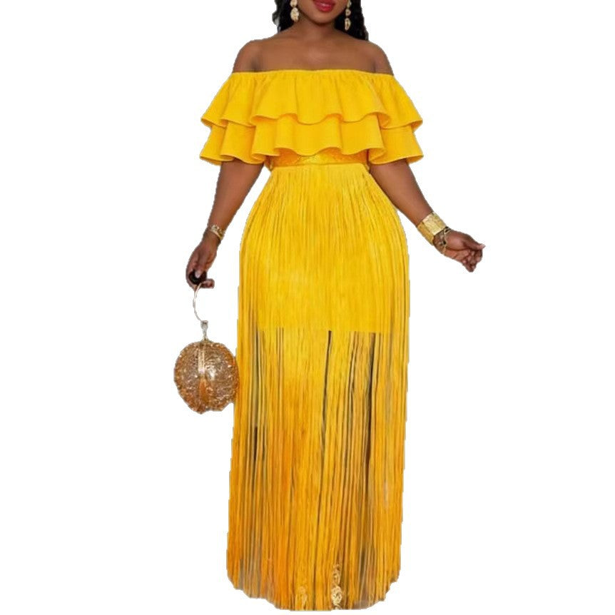 Festliches Partykleid für Damen: Off-Shoulder Maxikleid mit Rüschensaum. Perfekt für besondere Anlässe.