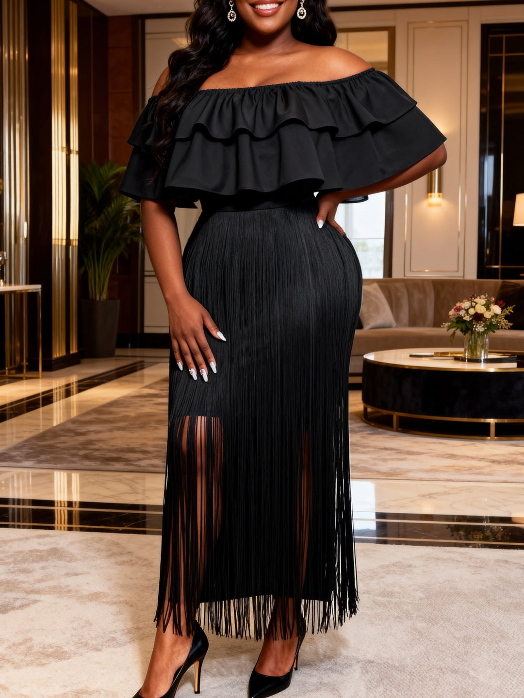 Stilvolles Damen Sommerkleid: Off-Shoulder Maxikleid mit zartem Rüschensaum. Bequem & elegant.