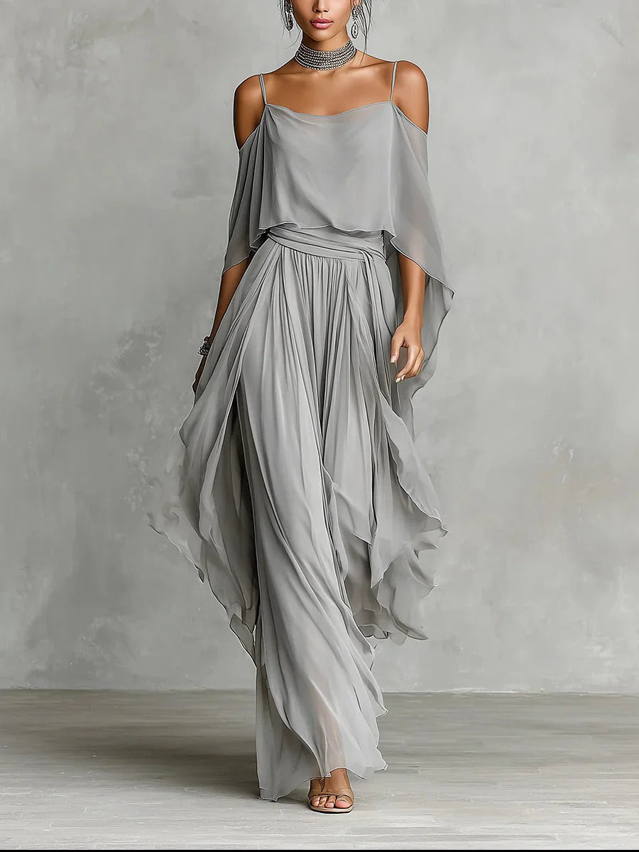 Elegantes Damen Off-Shoulder Zweiteiler Set für Sommer & Freizeit. Fließendes, bequemes Outfit, ideal für Urlaub.