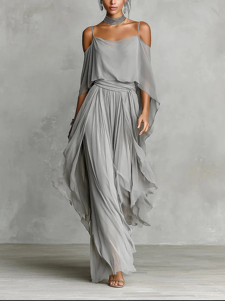 Elegantes Damen Off-Shoulder Zweiteiler Set für Sommer & Freizeit. Fließendes, bequemes Outfit, ideal für Urlaub.