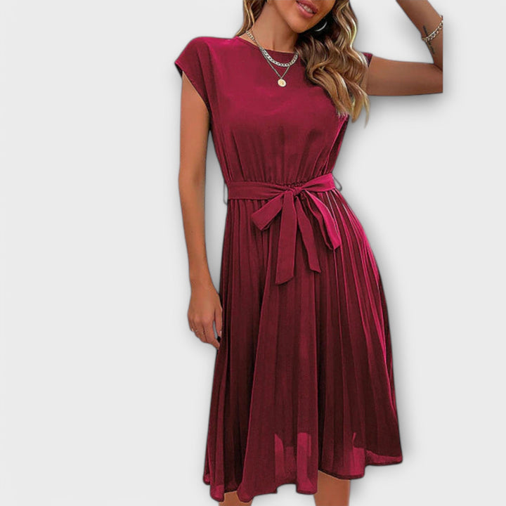 Trendiges Damen Plisseekleid, ein Kurzarm-Midikleid mit Rundhals, perfekt für Freizeit und Büro, sehr bequem.