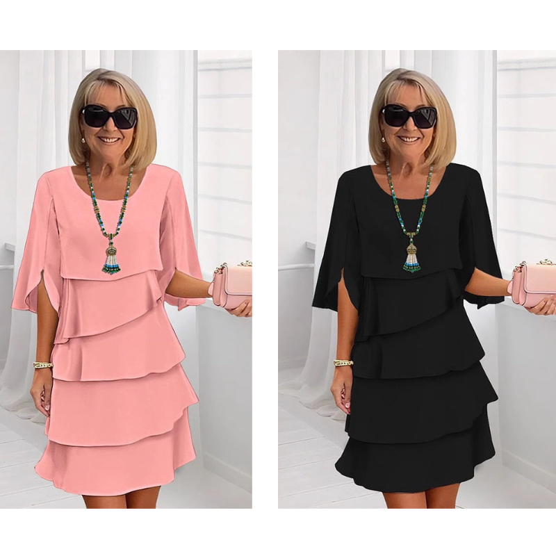 Damen Kurzarmkleid mit Schicht-Look & stylischen Puffärmeln. Ein chic & elegantes Sommerkleid.