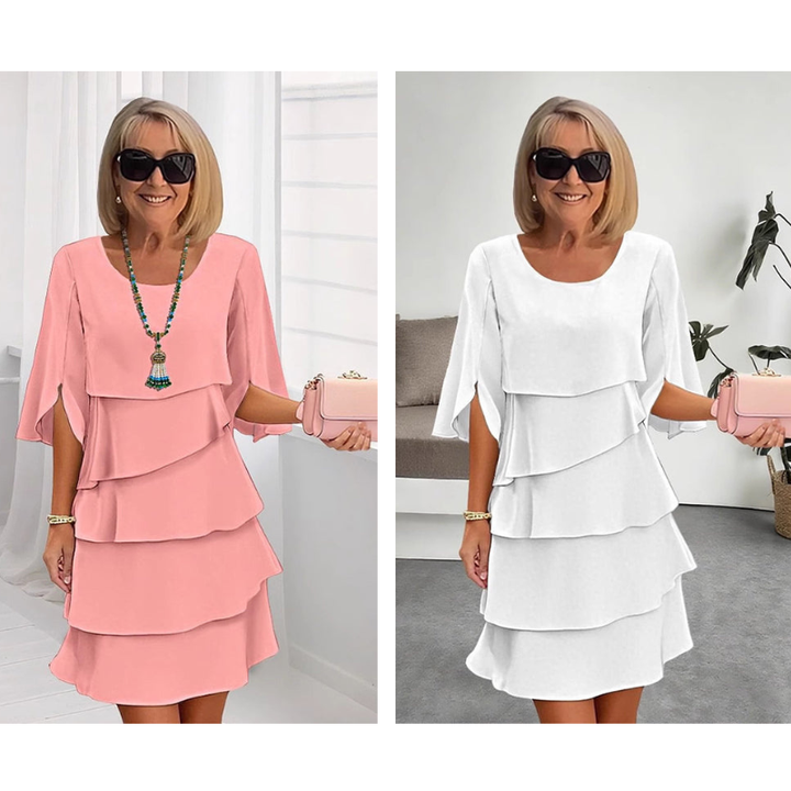 Sommerliches Damen Schichtkleid mit Puffärmeln. Leichtes und elegantes Layering-Kleid für den Alltag.
