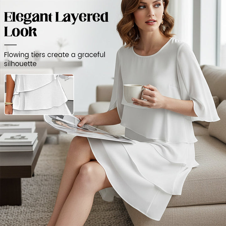 Kurzarm Schichtkleid für Damen mit stylischen Puffärmeln. Perfektes Sommerkleid oder Partykleid.