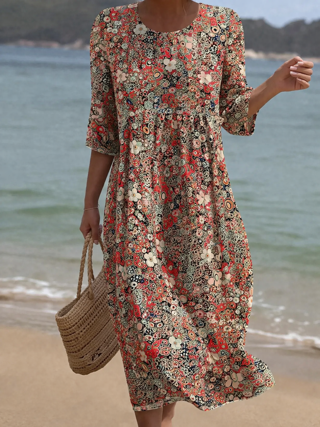Elegantes Damen Sommer Midi-Kleid mit wunderschönem Blumendesign. Ideal für Freizeit, Urlaub oder festliche Anlässe.