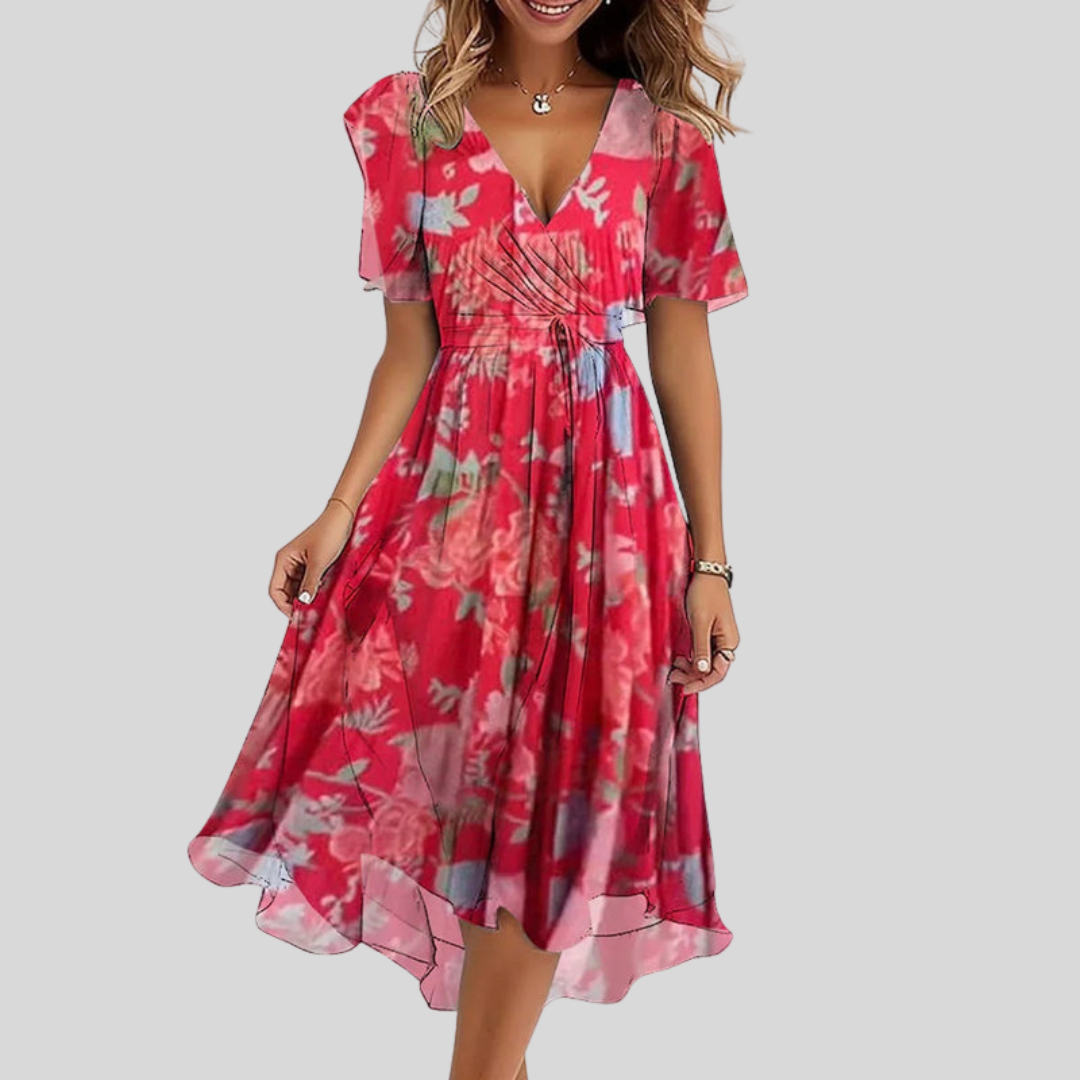Elegantes Damen Sommer Midikleid mit V-Ausschnitt, tailliert, perfekt für Freizeit & Anlässe. Feminin & modern.