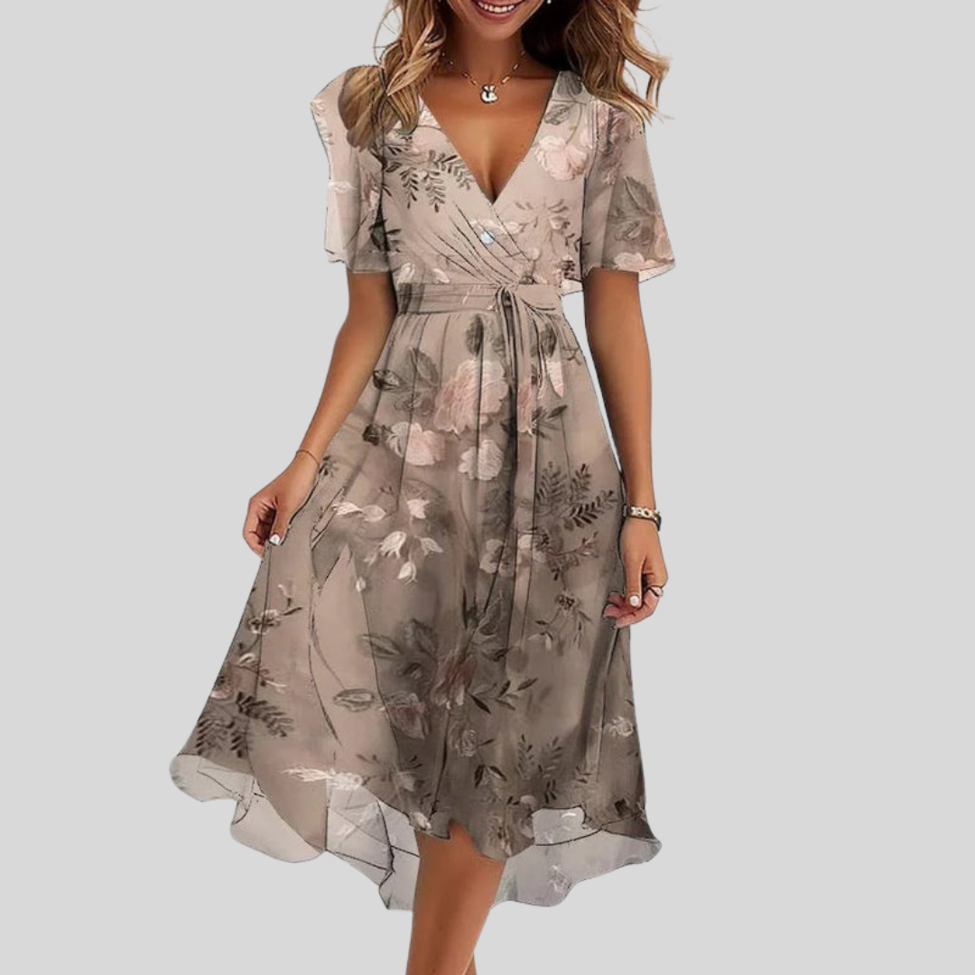 Damen A-Linien Sommerkleid mit V-Ausschnitt & Puffärmeln. Vielseitiges Midikleid für sommerliche Outfits.