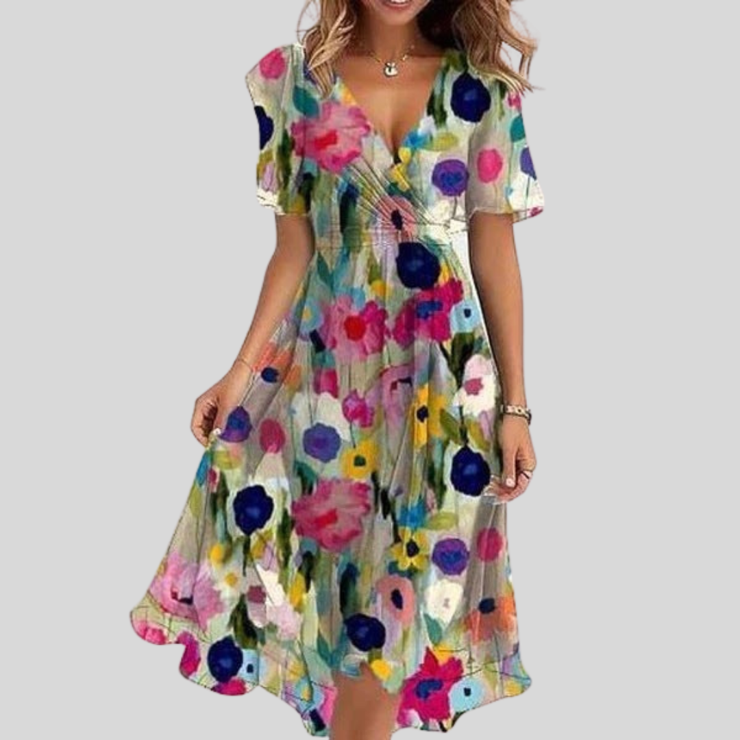 Modernes Damen Sommerkleid, Midikleid mit V-Ausschnitt. Ideal als elegantes Freizeitkleid für die Sommermode.