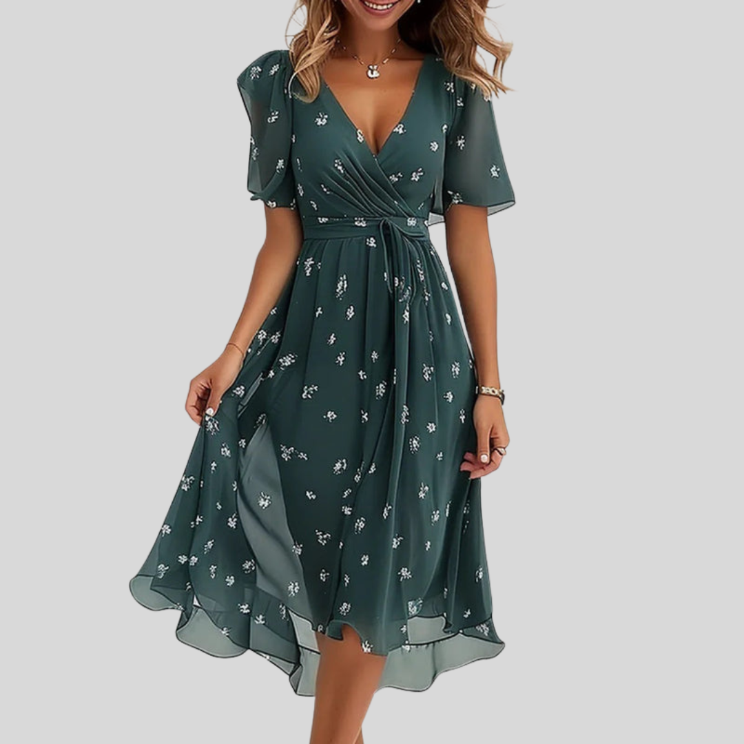Tailliertes Damen Sommerkleid mit V-Ausschnitt & ausgestellter A-Linie. Elegantes Midikleid für warme Tage.