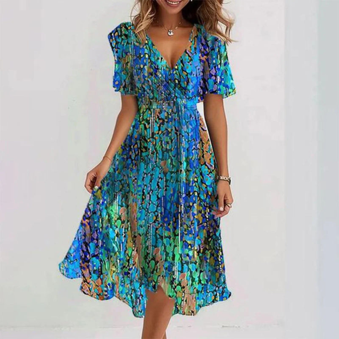 Schickes Damen Sommer Midikleid mit V-Ausschnitt. Ideal als vielseitiges Freizeitkleid, elegant & bequem.