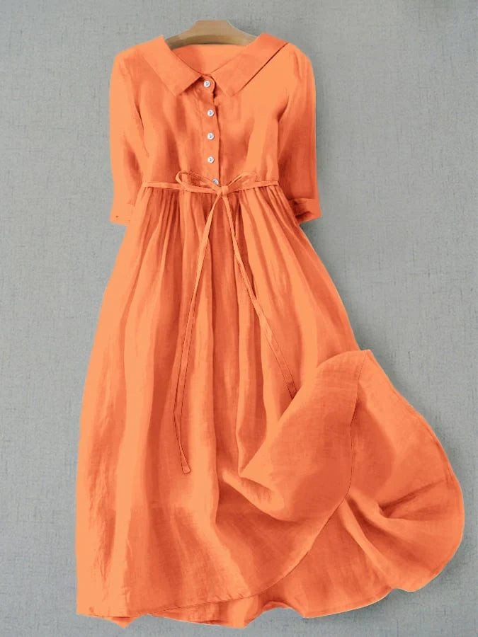Elegantes Damen Sommerkleid aus Baumwoll-Leinen. Lässiges, bequemes Midi-Kleid für Freizeit, Strand & Urlaub.