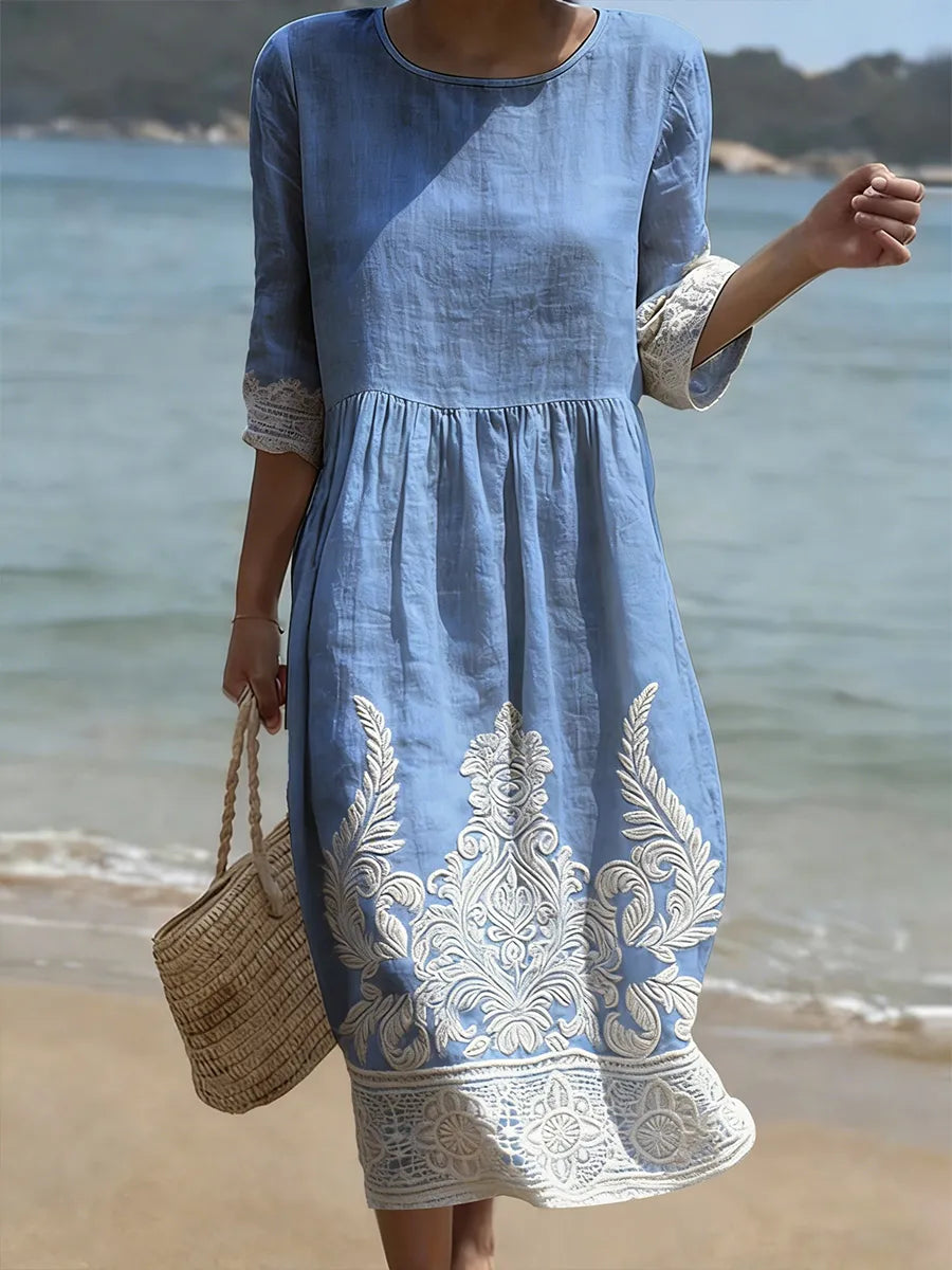 Elegantes Damen Sommerkleid mit Blumen- & Pflanzenmuster, vielseitiges Midi-Kleid für Frühling & Sommer