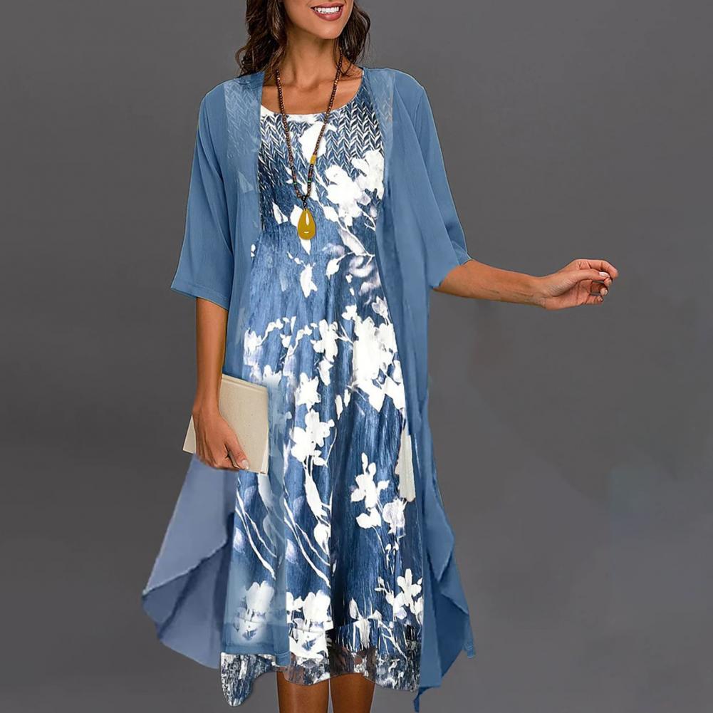 Elegantes Damen Sommerkleid mit buntem Blumenmuster & passendem Cardigan Set. Vielseitiges Freizeitkleid.