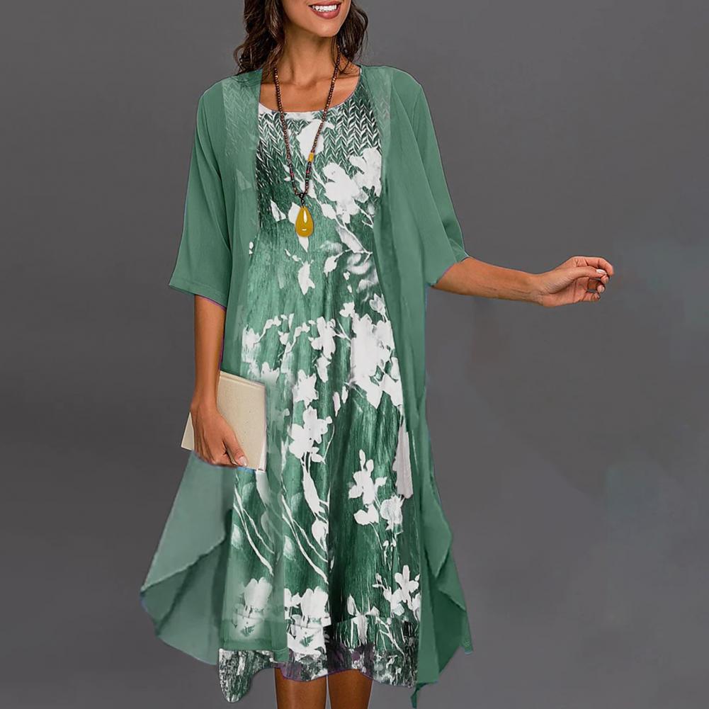 Modernes Damen Sommerkleid Set mit Blumenmuster, Rundhalsausschnitt & Cardigan für Frühling/Sommer.