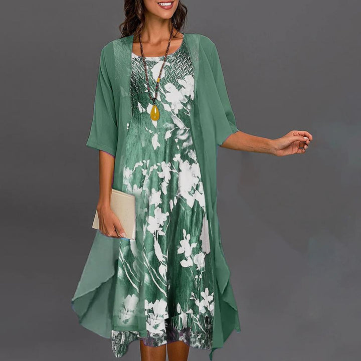 Modernes Damen Sommerkleid Set mit Blumenmuster, Rundhalsausschnitt & Cardigan für Frühling/Sommer.