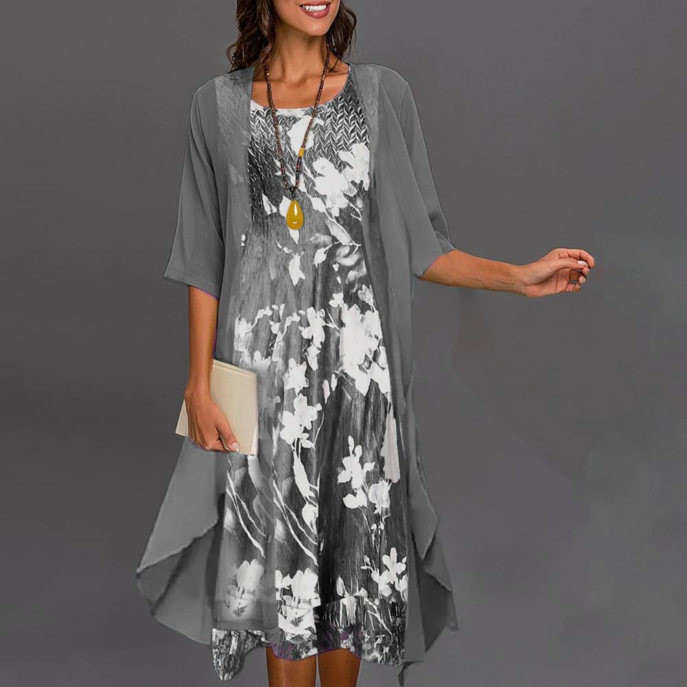 Schickes Damen Blumenkleid & Cardigan Set, perfekt für elegante Freizeit-Looks im Sommer. Damenmode.