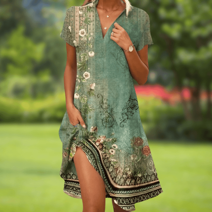 Luftiges Damen Sommerkleid mit wunderschönem Blumenmuster, tiefem V-Ausschnitt & bequemem, fließendem Schnitt.