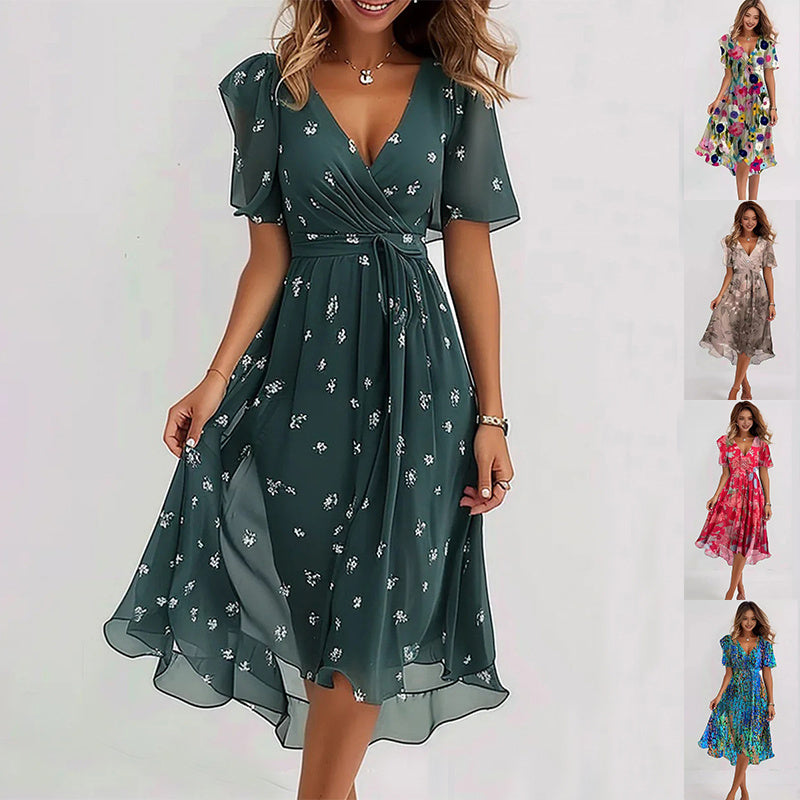 Elegantes Damen Sommerkleid mit kurzen Ärmeln in A-Linie, perfekt für Freizeit & Urlaub am Strand.