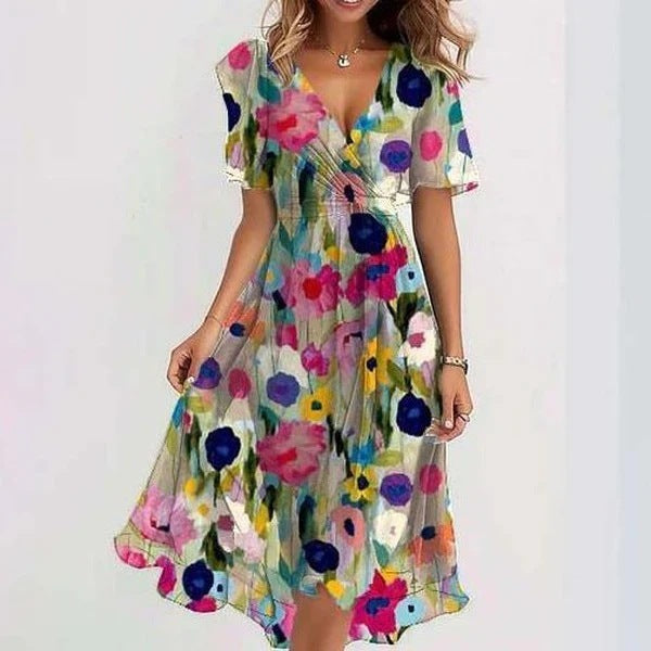 Stilvolles A-Linien Sommerkleid für Damen mit kurzen Ärmeln, ideal als Freizeit- oder Urlaubskleid.