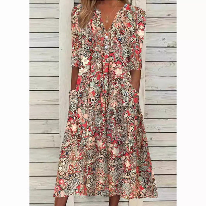 Elegantes Damen Sommerkleid mit V-Ausschnitt & kurzen Ärmeln. Modisches Freizeit- oder festliches Kleid für warme Tage.