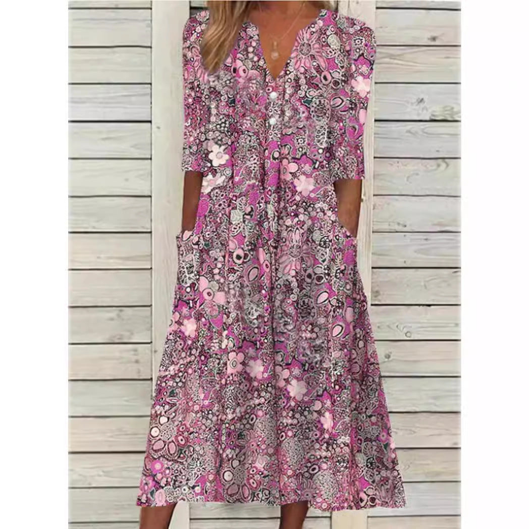 Damen Sommerkleid: Elegantes Design, V-Ausschnitt, kurze Ärmel. Ideal als Freizeit- oder festliches Frühlings-/Herbstkleid.