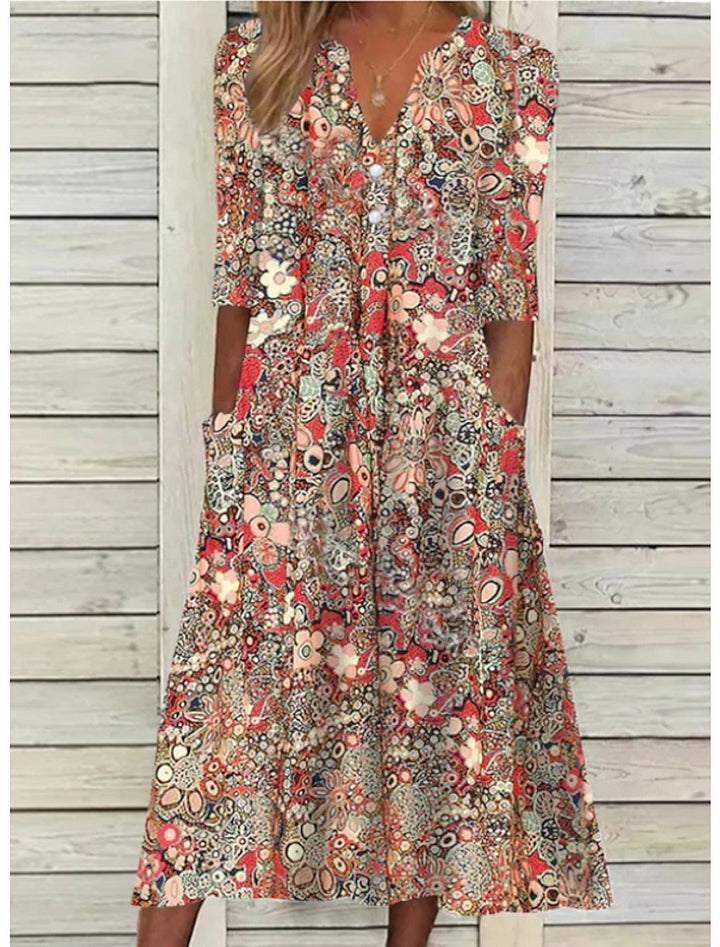 Stilvolles Damen Sommerkleid mit V-Ausschnitt & kurzen Ärmeln. Modische Damenmode, ideal als Freizeit- oder Festkleid.
