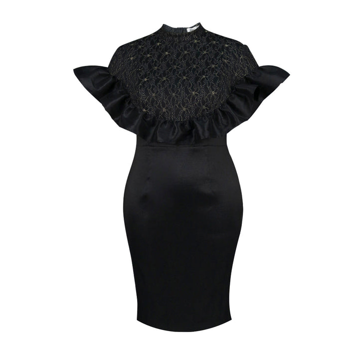 Romantisches Spitzenkleid für Damen mit elegantem Kragen und zarten Rüschen. Ein stilvolles Cocktailkleid für Feste.