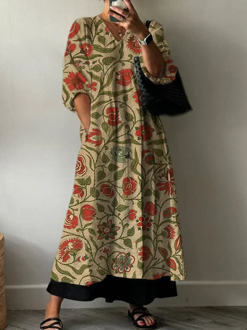 Elegantes Damen Tati-Print Maxikleid, leicht & fließend, mit Boho-Chic Floral-Muster für den Sommer.