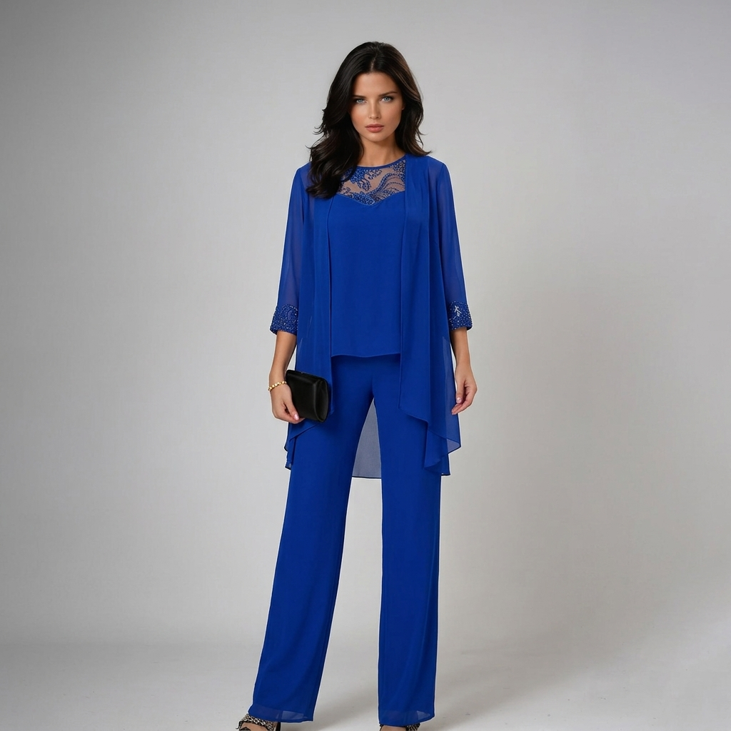 Elegantes Damen Trio-Set mit weiter Hose und Bluse, ideal für festliche Anlässe und Abendmode.