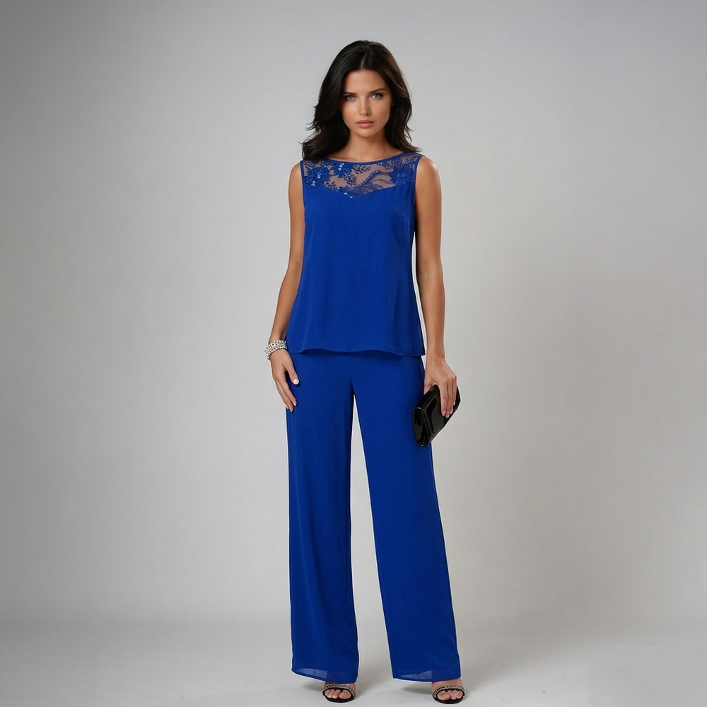 Modisches Damen 3-teiliges Set mit Spitzen-Details, weiter Hose und langem Oberteil für festliche Looks.