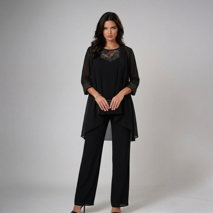 Modernes Damen Trio-Set in elegantem Design, bestehend aus weiter Hose, Top und Langarm-Bluse.