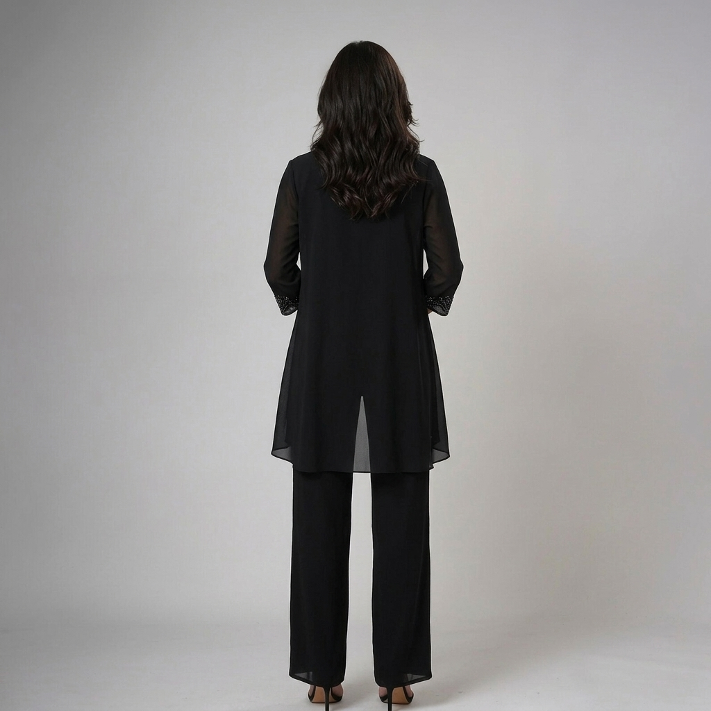 Damen Abendmode Trio-Set mit weicher, weiter Hose und edlen Spitzen-Akzenten für besondere Anlässe.