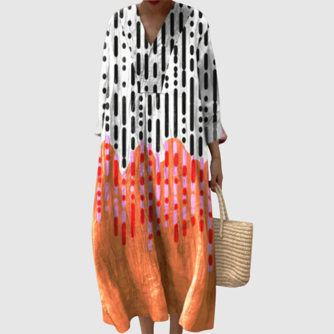 Elegantes Damen Tunika-Maxikleid mit geometrischem Muster; fließendes Freizeitkleid für Sommer & Alltag; bequem & stilvoll.