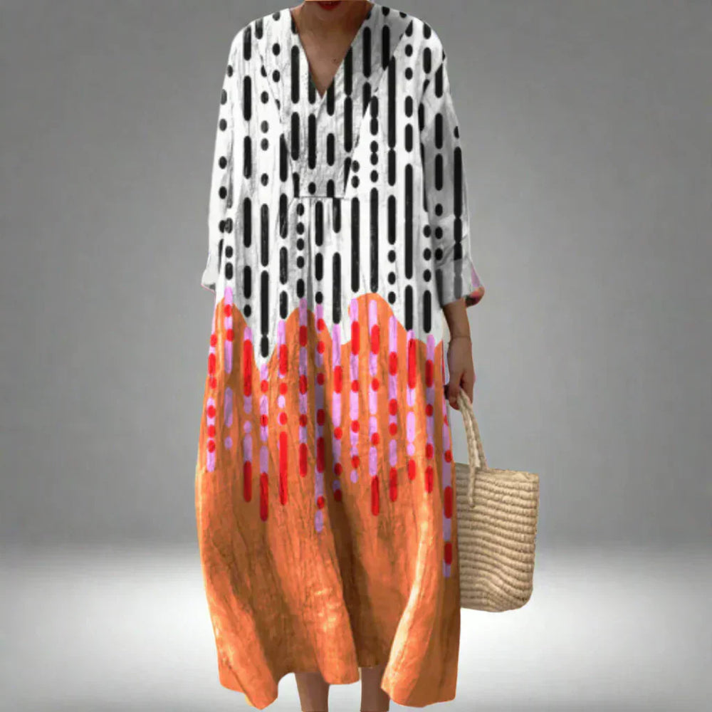 Fließendes Damen Sommerkleid mit geometrischem Print; bequemes, elegantes Maxikleid für Freizeit & Alltag.
