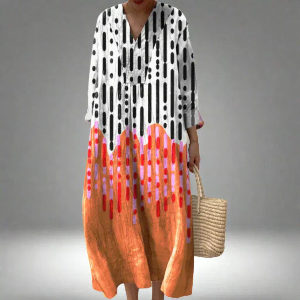 Fließendes Damen Sommerkleid mit geometrischem Print; bequemes, elegantes Maxikleid für Freizeit & Alltag.