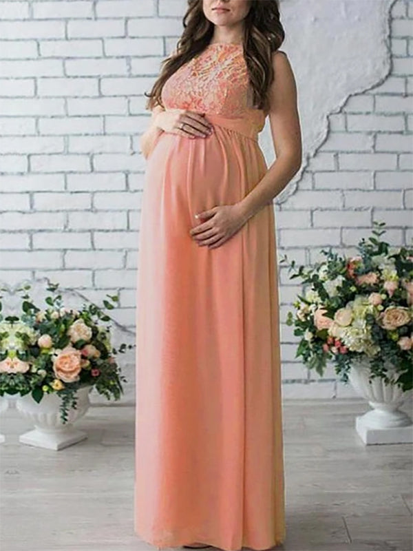 Elegantes Damen Umstandskleid mit zarten Spitzendetails & Gürtel, perfekt für festliche Anlässe & Schwangerschaft.
