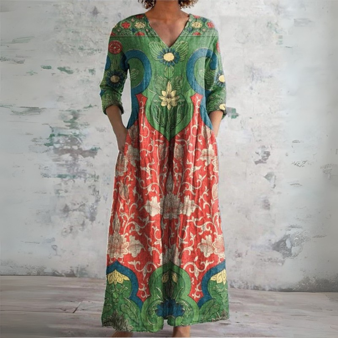Elegantes Damen Vintage Blumen Maxi Kleid mit Langarm und V-Ausschnitt, perfekt für festliche Anlässe im Sommer/Frühling.